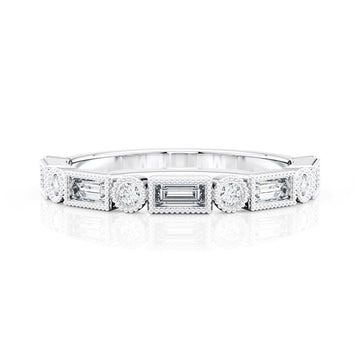 Alternating Round & Baguette Milgrain Wedding Ring